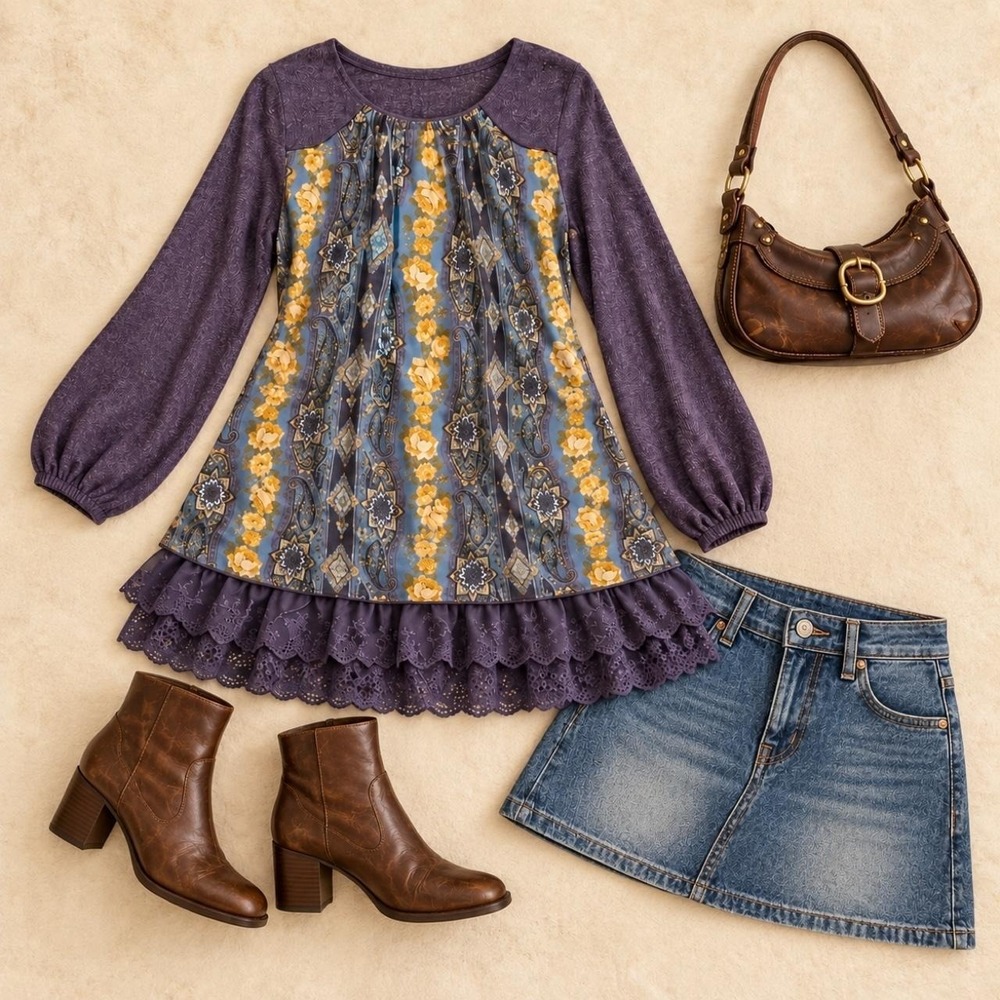 DR2K mixed print tunic dress or long shirt - y2k, Boho, paisley